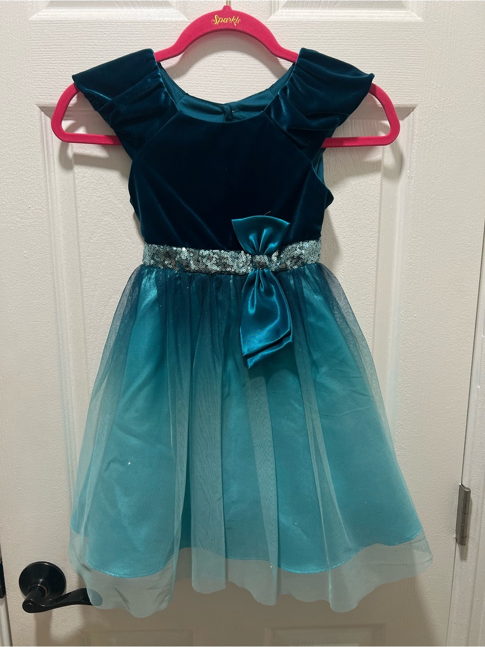 Jona Michelle Girls Teal Velvet & Tulle Sequined Party Dress Size 5